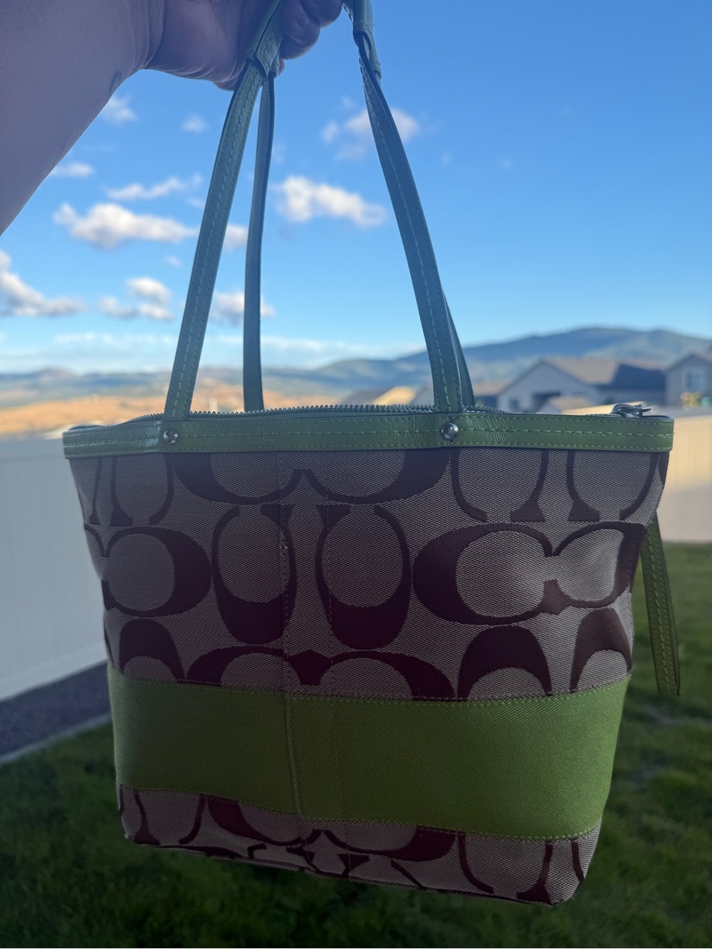 Coach Signature Canvas Tote with Green Leather Trim with matching wallet